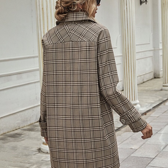 plaid button pocketed trench pea coat brown camel - Picture 6 of 9